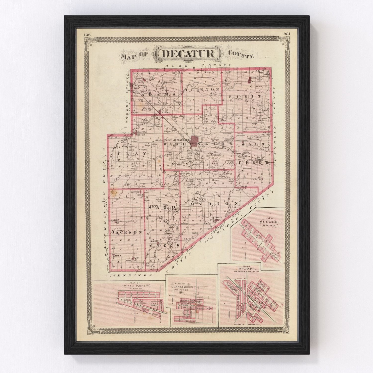 Vintage Map of Decatur County, Indiana 1876