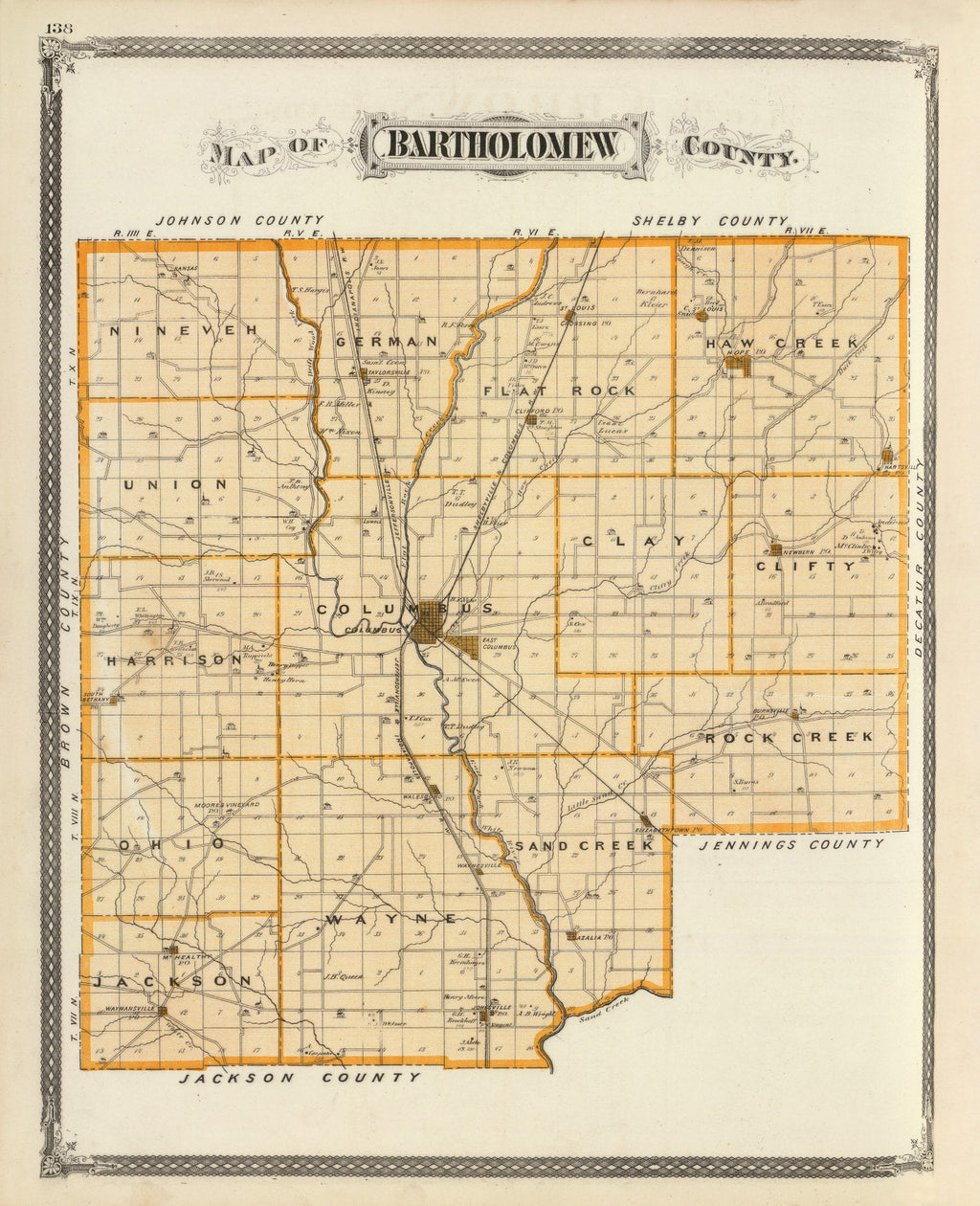 Vintage Map of Bartholomew County, Indiana 1876