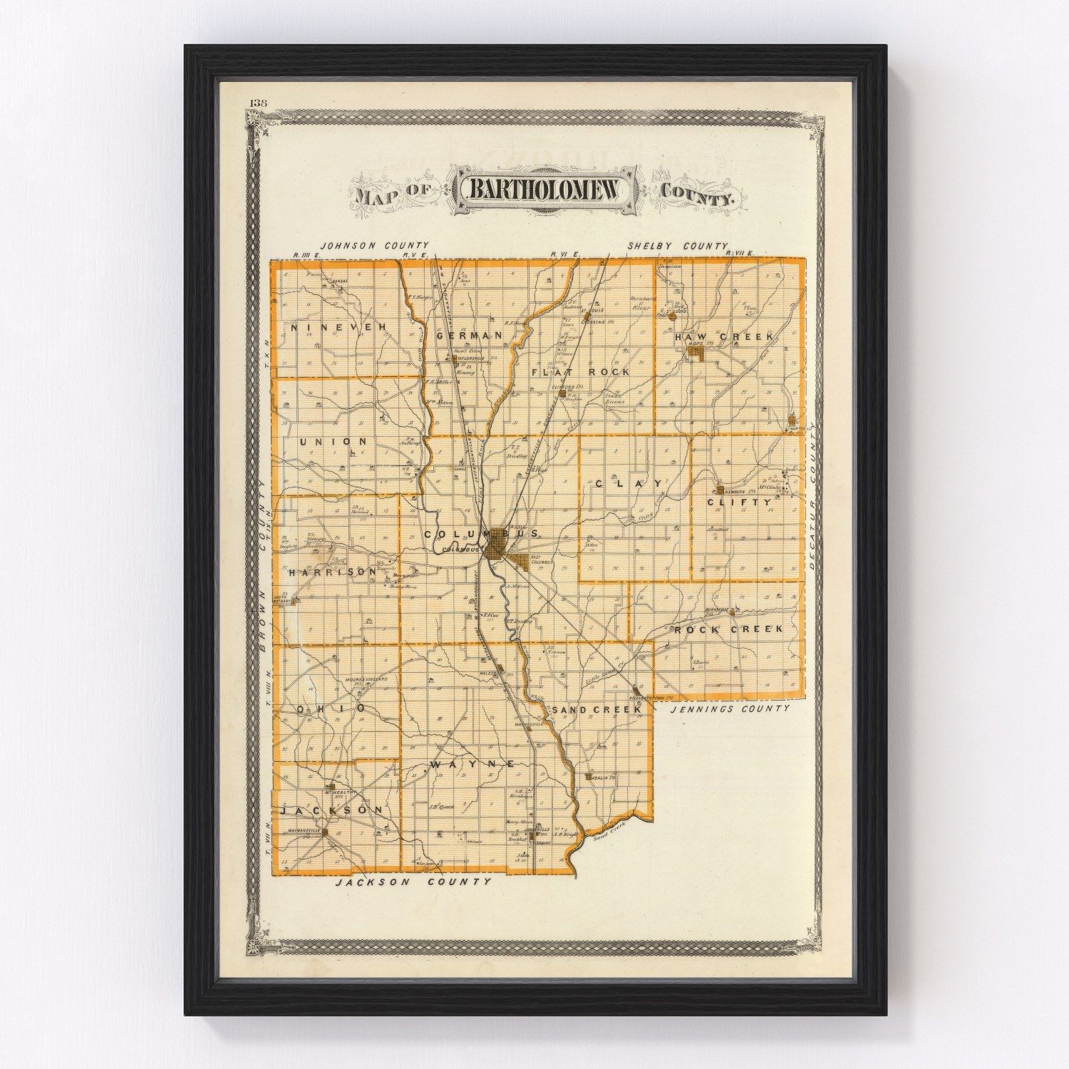 Vintage Map of Bartholomew County, Indiana 1876