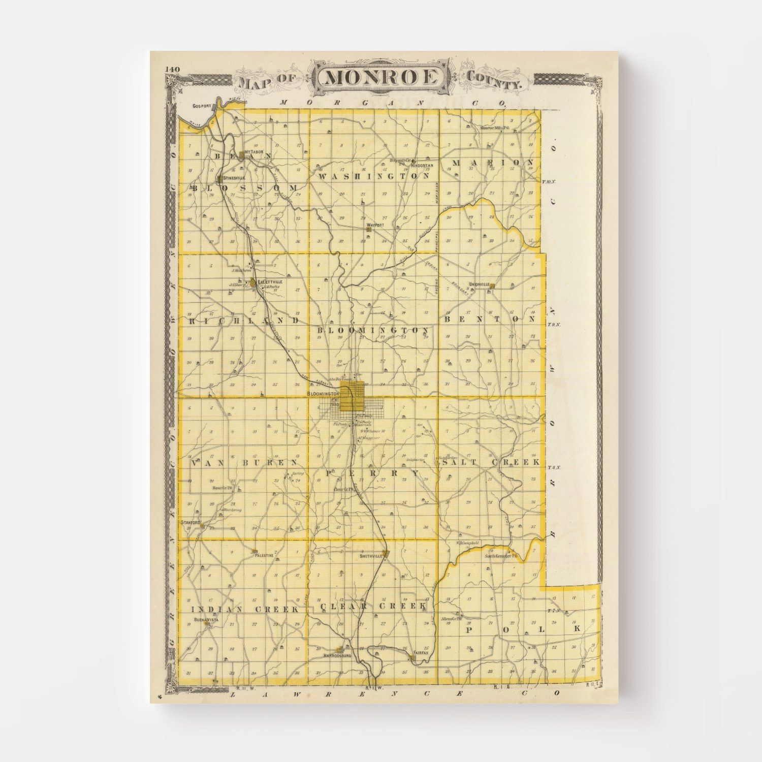 Vintage Map of Monroe County, Indiana 1876