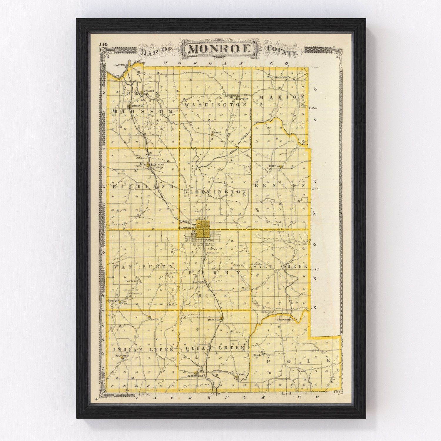 Vintage Map of Monroe County, Indiana 1876