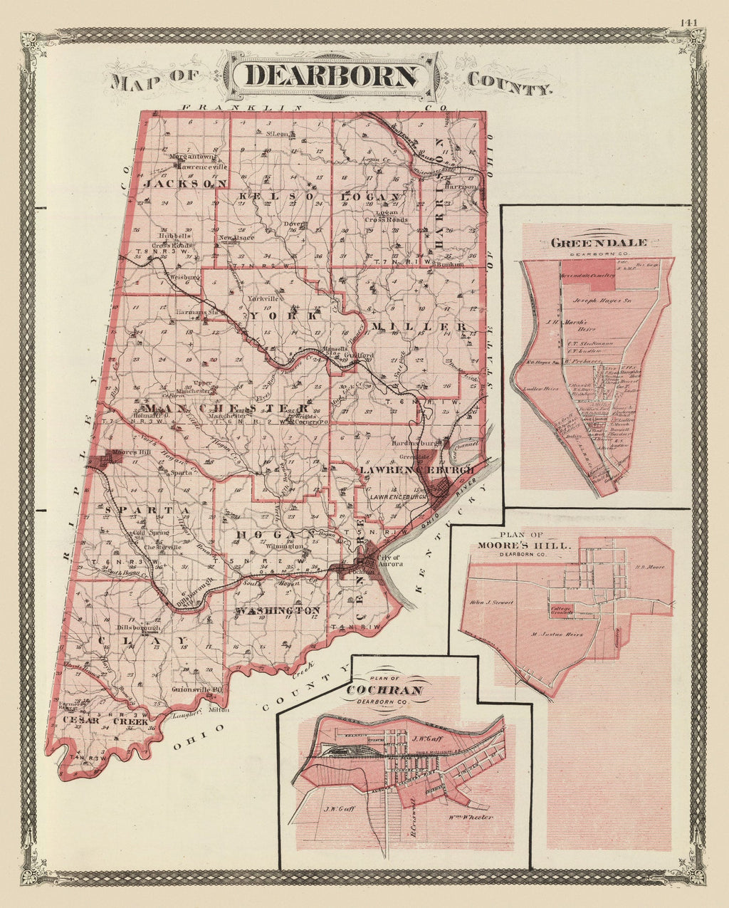 Vintage Map of Dearborn County, Indiana 1876