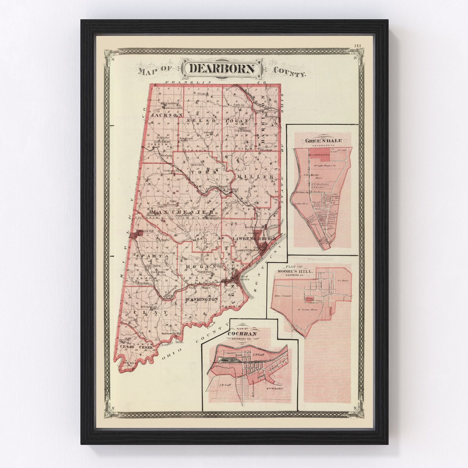 Vintage Map of Dearborn County, Indiana 1876