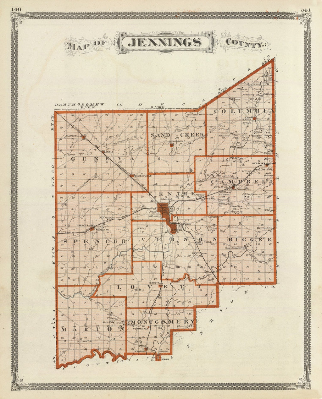 Vintage Map of Jennings County, Indiana 1876