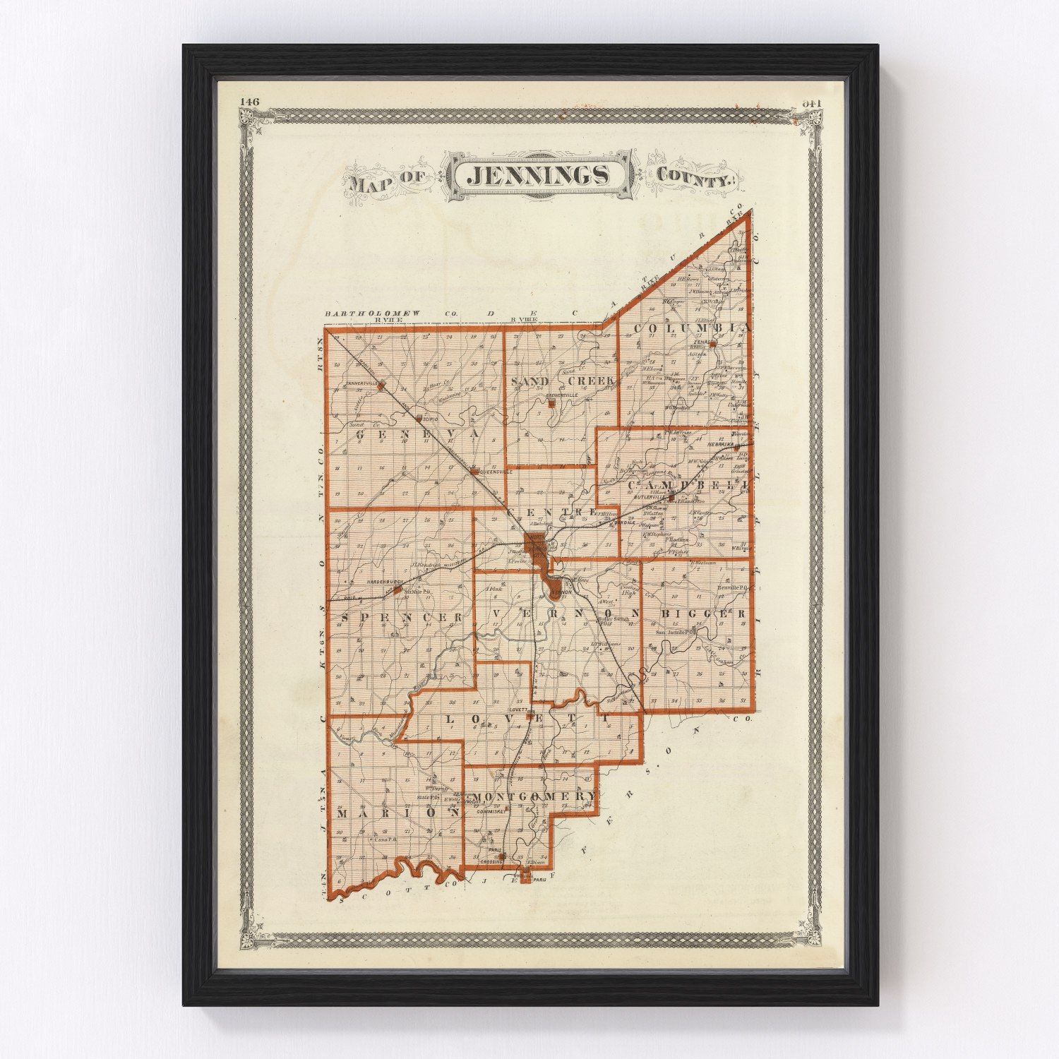 Vintage Map of Jennings County, Indiana 1876