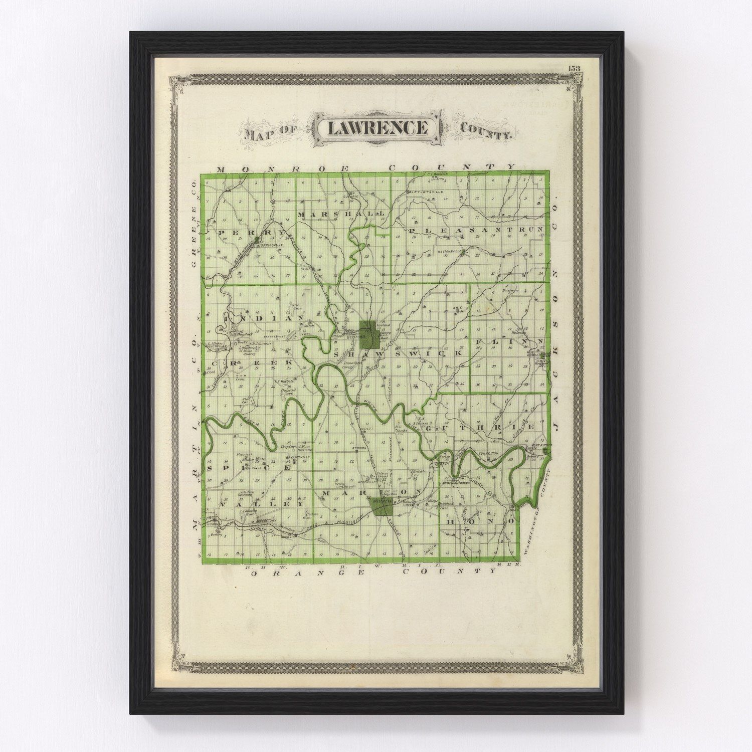 Vintage Map of Lawrence County, Indiana 1876