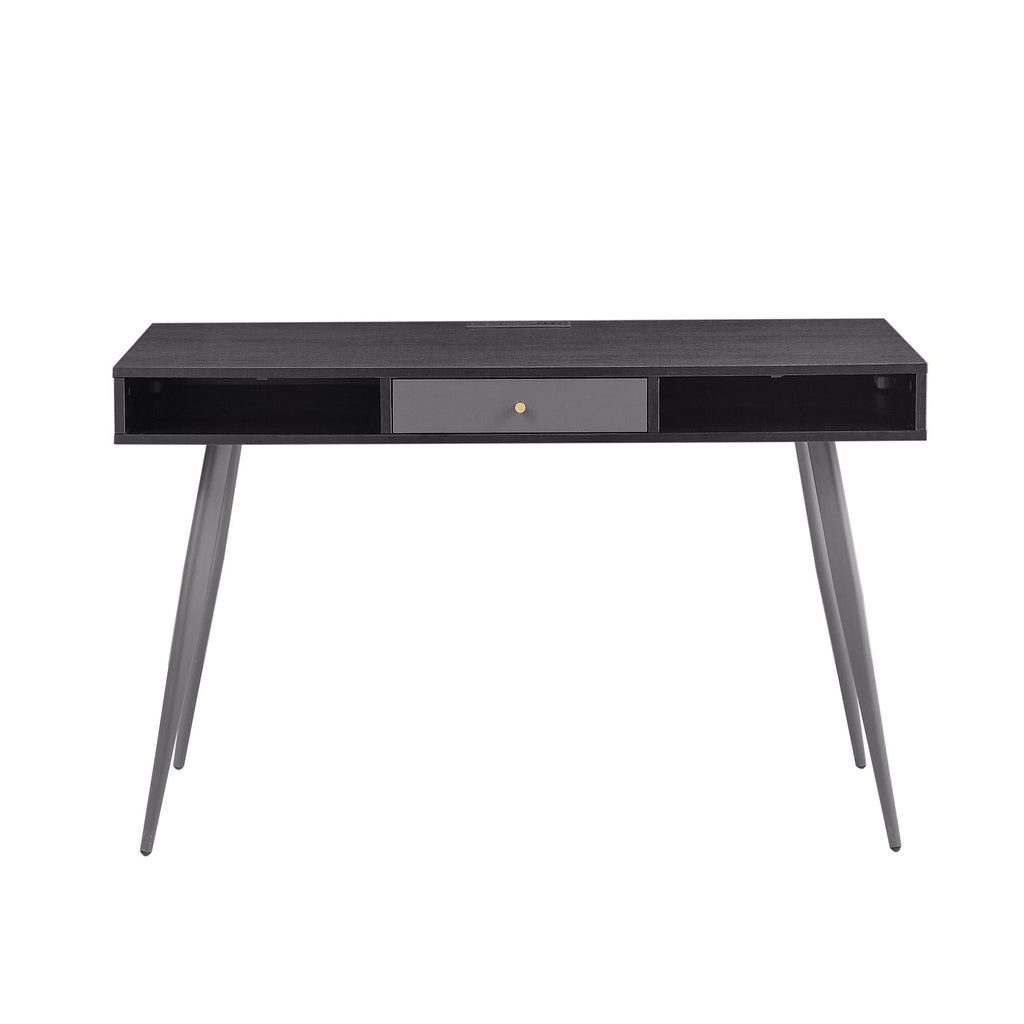Mid Century Desk with USB Ports and Power Outlet, Modern Writing Study Desk with Drawers, Multifunctional Home Office Computer Desk Black