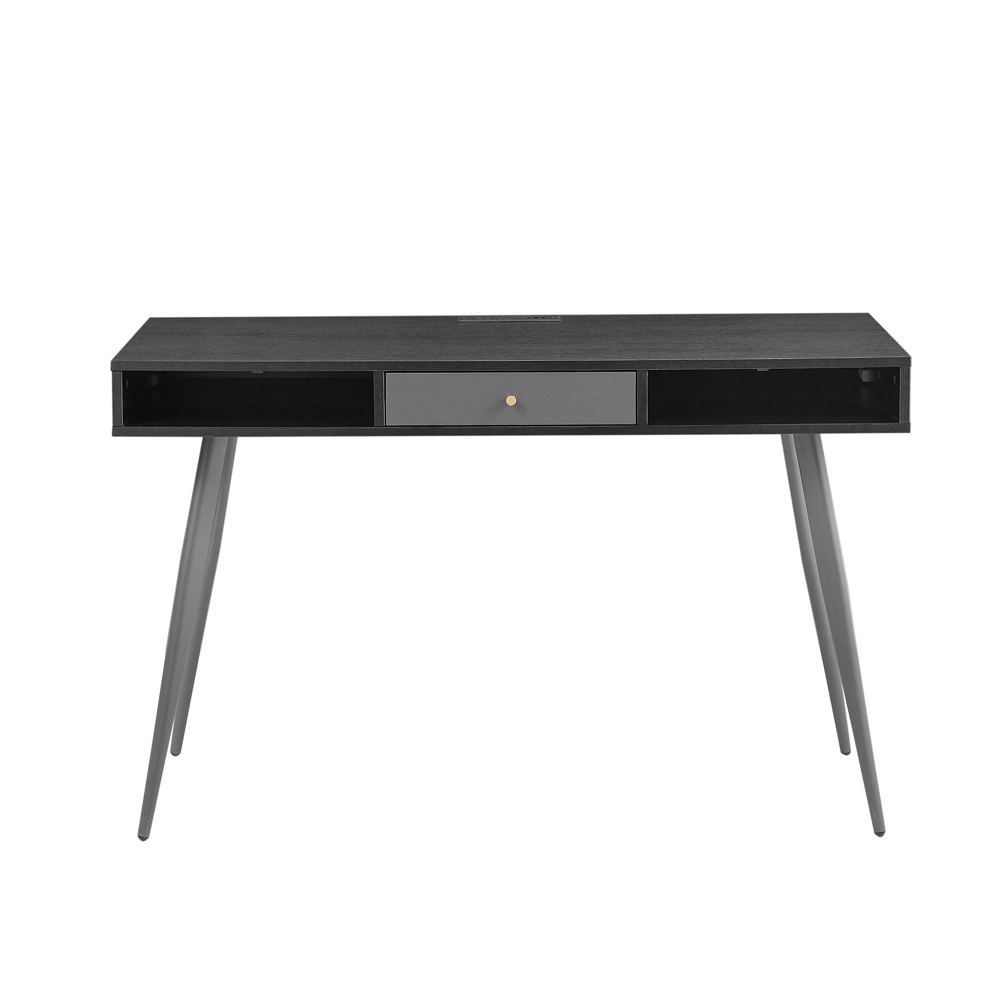 Mid Century Desk with USB Ports and Power Outlet, Modern Writing Study Desk with Drawers, Multifunctional Home Office Computer Desk Black