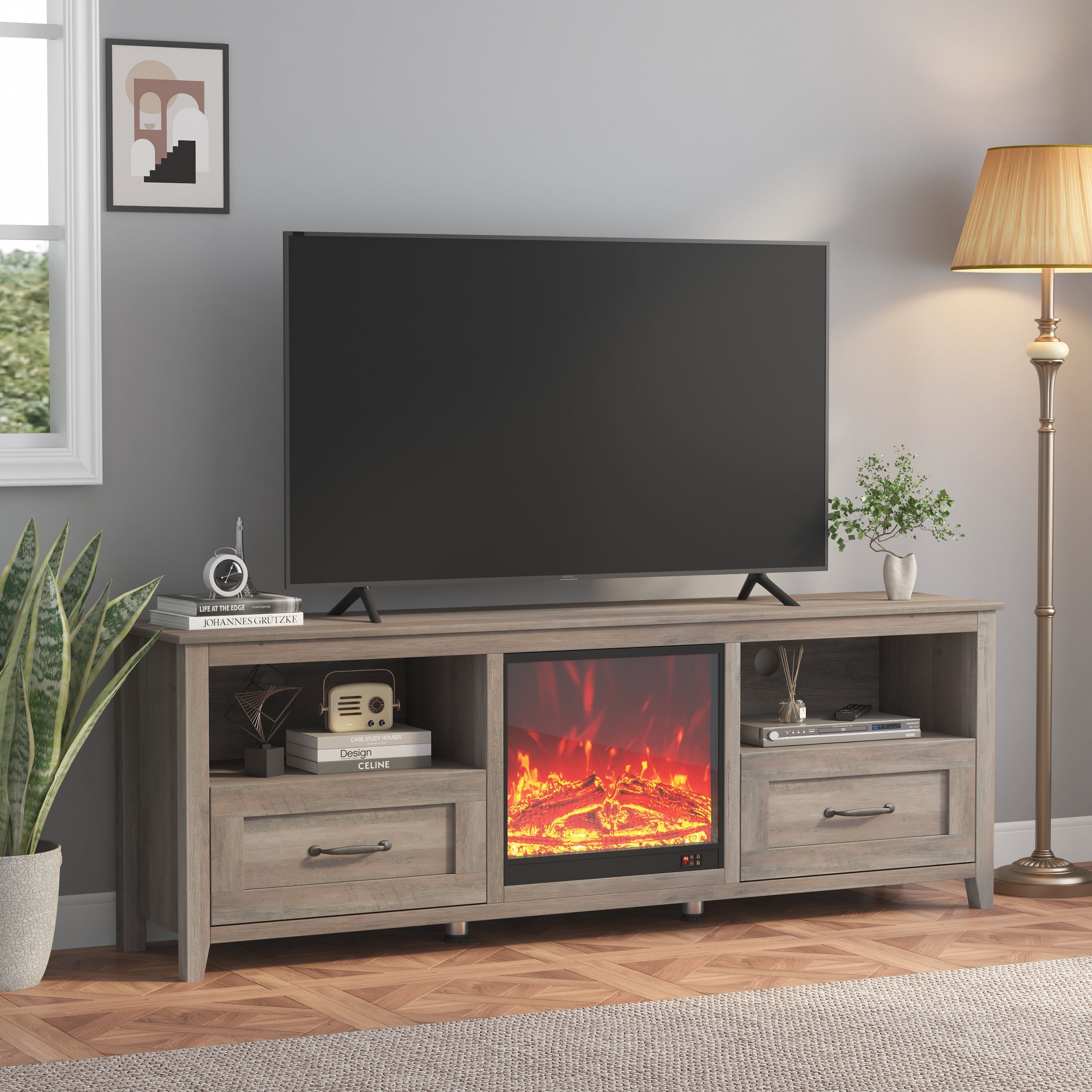 70.08 Inch Length TV Stand for Living Room and Bedroom, with 2 Drawers and 4 High-Capacity Storage Compartment, Grey Walnut ;Suitable for fireplace
