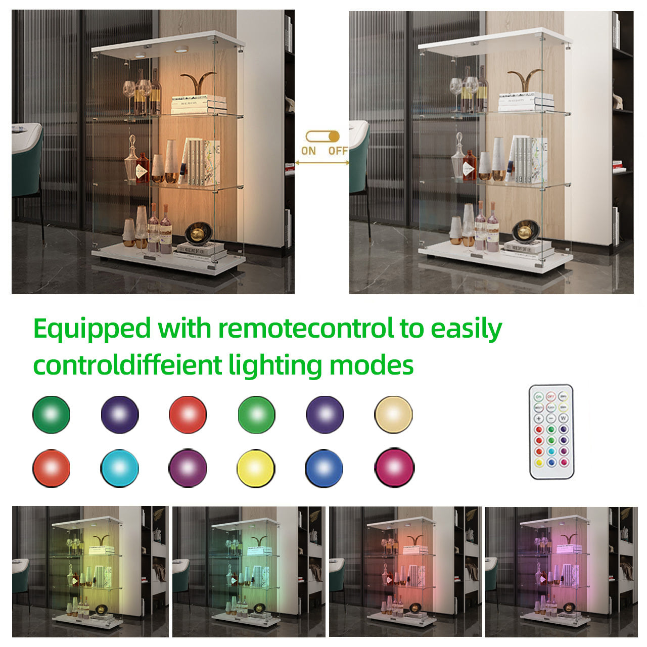 Tempered Glass Display Cabinet,Wine Cabinet,storage Cabinet,File Cabinet,with Battery-powered paipai light,Adjustable Floor Feet,Suitable for uneven ground,Can be placed anywhere,color:white