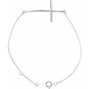 Platinum Natural Aquamarine Sideways Cross 7-8" Bracelet