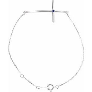 Sterling Silver Imitation Blue Sapphire Sideways Cross 7-8" Bracelet