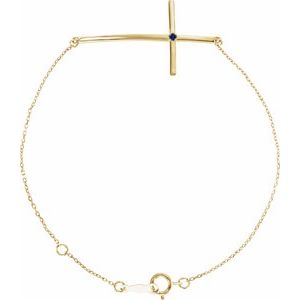 14K Yellow Gold Natural Blue Sapphire Sideways Cross 7-8" Bracelet