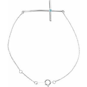 Platinum Natural Blue Zircon Sideways Cross 7-8" Bracelet