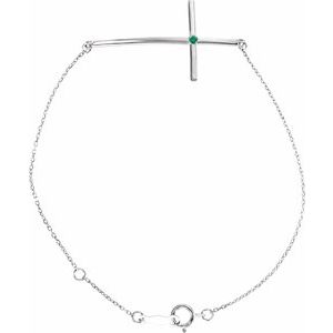 14K White Gold Natural Emerald Sideways Cross 7-8" Bracelet