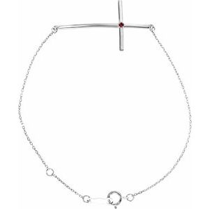 14K White Gold Natural Mozambique Garnet Sideways Cross 7-8" Bracelet