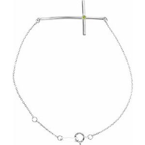 Sterling Silver Imitation Peridot Sideways Cross 7-8" Bracelet