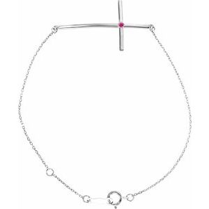 Sterling Silver Imitation Pink Tourmaline Sideways Cross 7-8" Bracelet