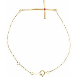 14K Yellow Gold Natural Pink Tourmaline Sideways Cross 7-8" Bracelet