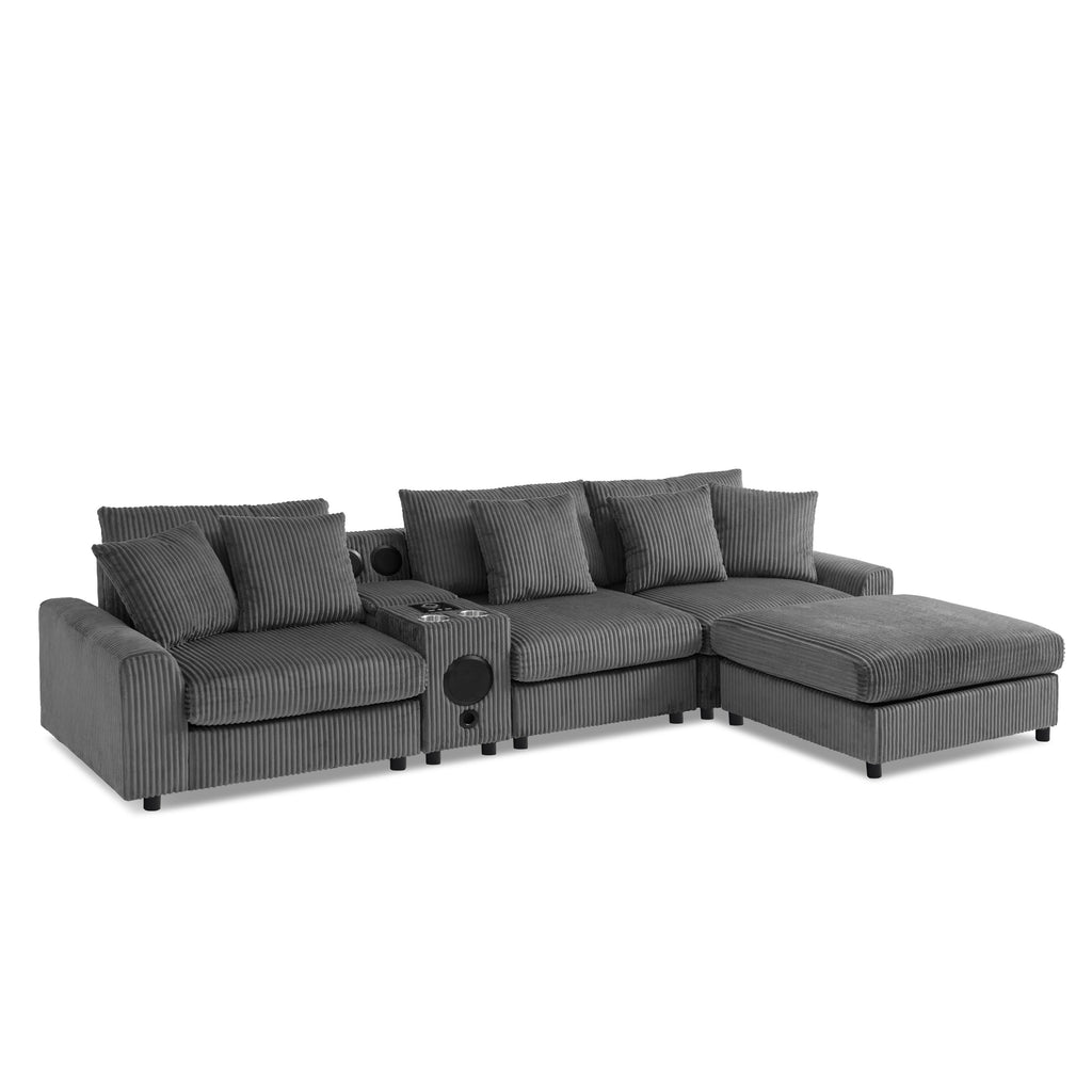 Modular Corduroy Sectional Sofa with Bluetooth Speakers, USB Charger, Cup Holders, Storage, and Ottoman in Dark Gray