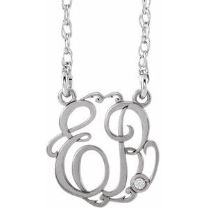 Rhodium-Plated Sterling Silver 25 mm 2-Initials Imitation Diamond Script Monogram 18" Necklace