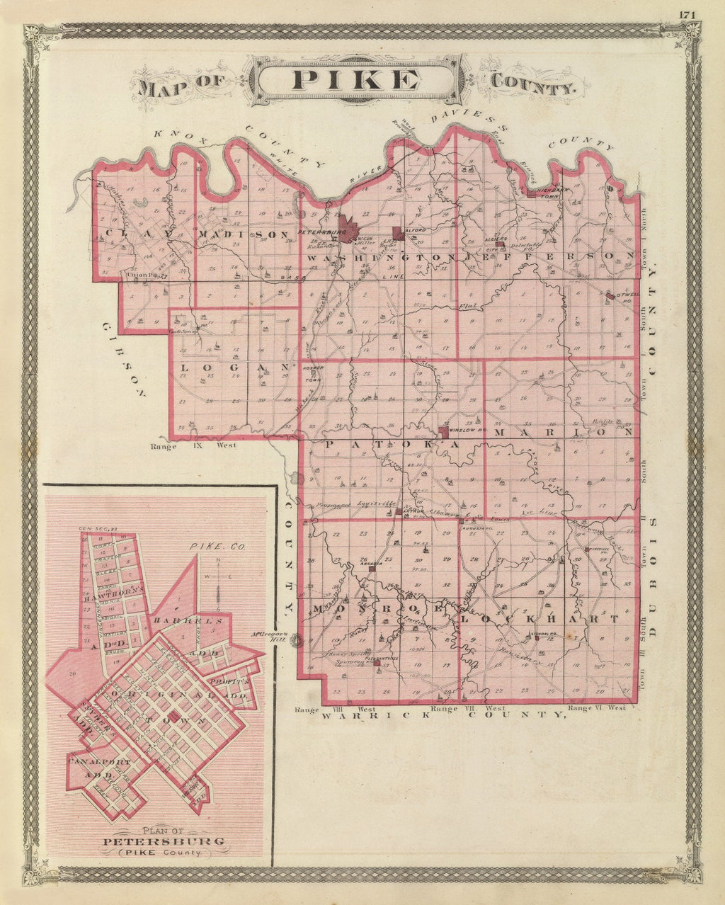 Vintage Map of Pike County, Indiana 1876