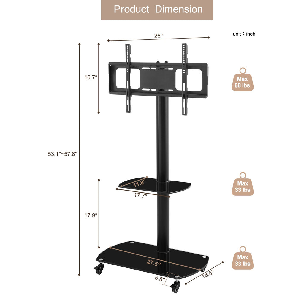 Height and Angle Adjustable Mobile TV Stand with Tempered Glass Shelves and Lockable Wheels, Black Metal Frame, Fits 32-65 Inch TVs