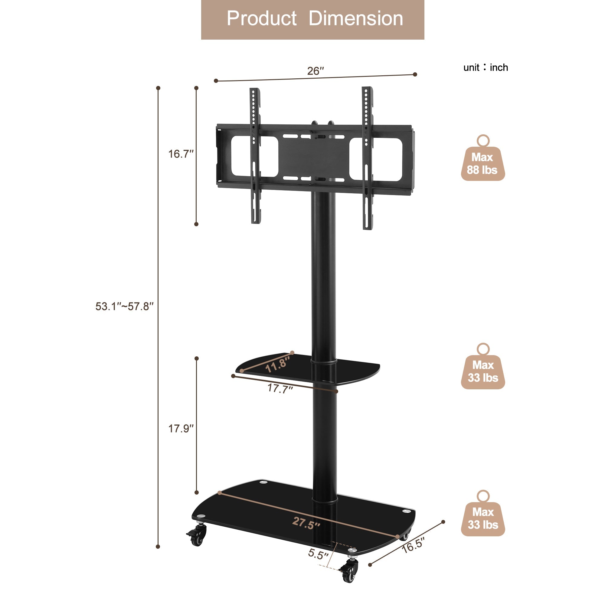 Height and Angle Adjustable Mobile TV Stand with Tempered Glass Shelves and Lockable Wheels, Black Metal Frame, Fits 32-65 Inch TVs
