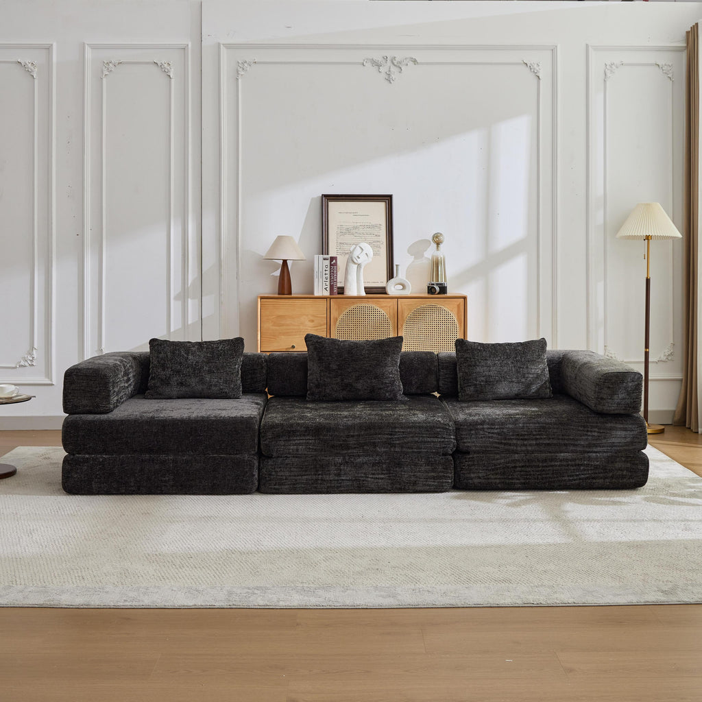 Compression Sofa,Convertible Floor Sofa Bed with Fixed-Shape Frame, Boneless Modular Sectional Sofa,No Assembly Required,Chenille fabric,for Living Room Bedroom,Black