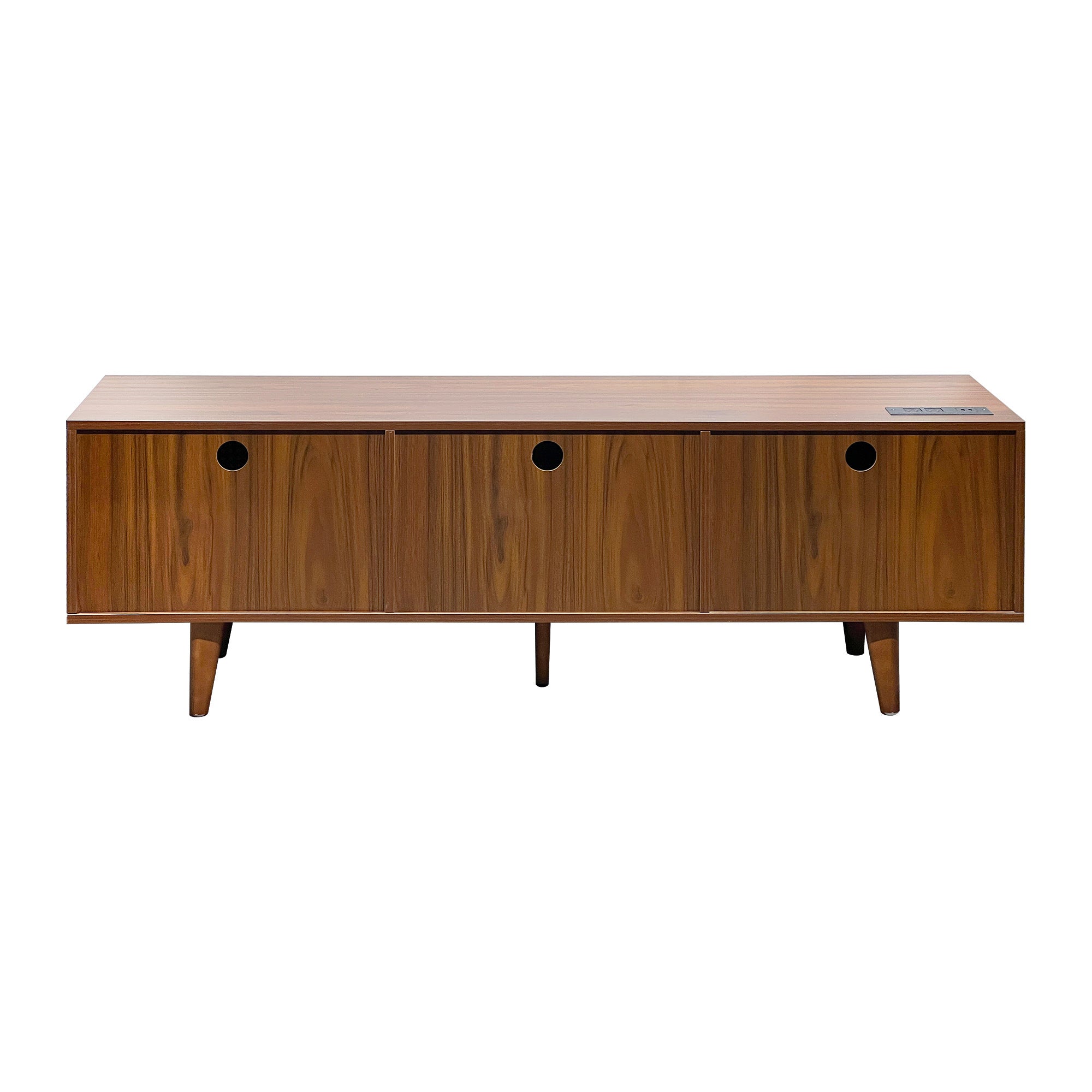 Mid Century Modern Rattan TV Stand for 55/60/65 inch TV , Entertainment Cabinet, Media Console for Living Room Bedroom Media Room, Solid Wood Feet & Rattan Cabinet Doors  (Walnut, 59')
