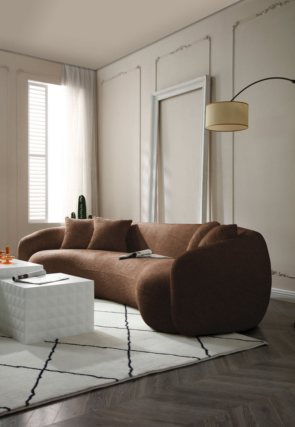 102'' 5-Seater Boucle Sofa Modern Sectional Half Moon Leisure Couch Curved Sofa Teddy Fleece Brown