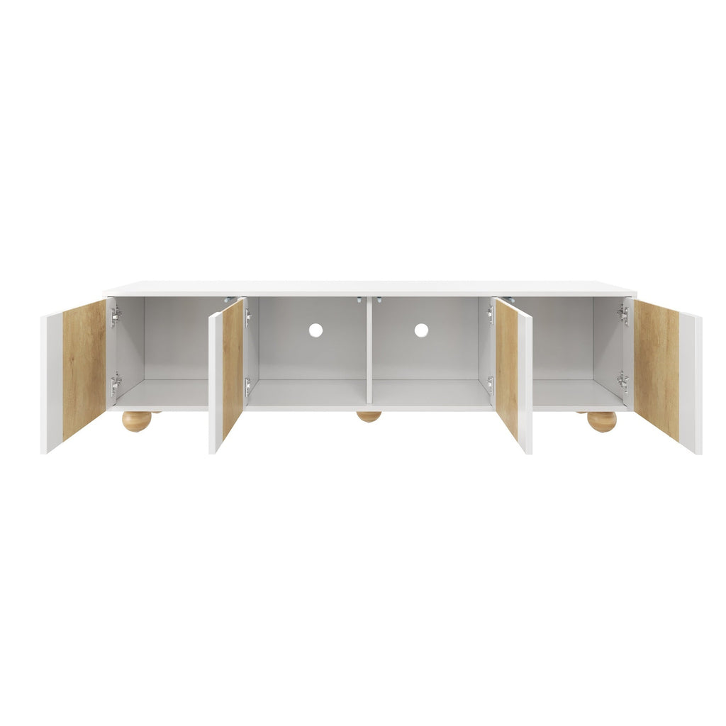 Farmhouse TV Stand with Cable Holes for TVs up to 75', Cream Style Media Console with Rebound Device, Elegant Entertainment Center with 5 Solid Wood Legs for Living Room, Bedroom, White, 69.6'W