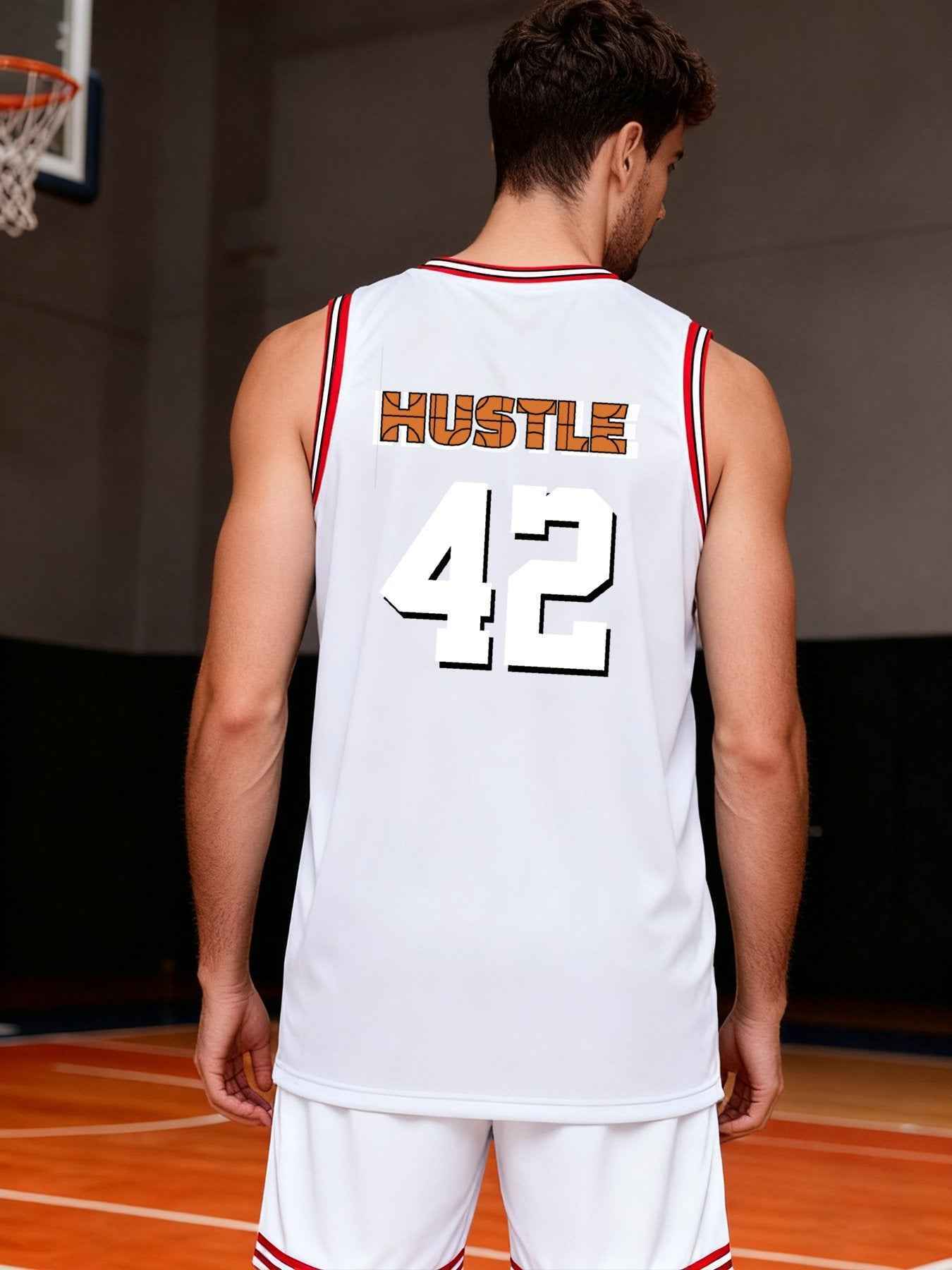 Hustle 42 Adult White with Red Trim Basketball Jersey | Ships From USA