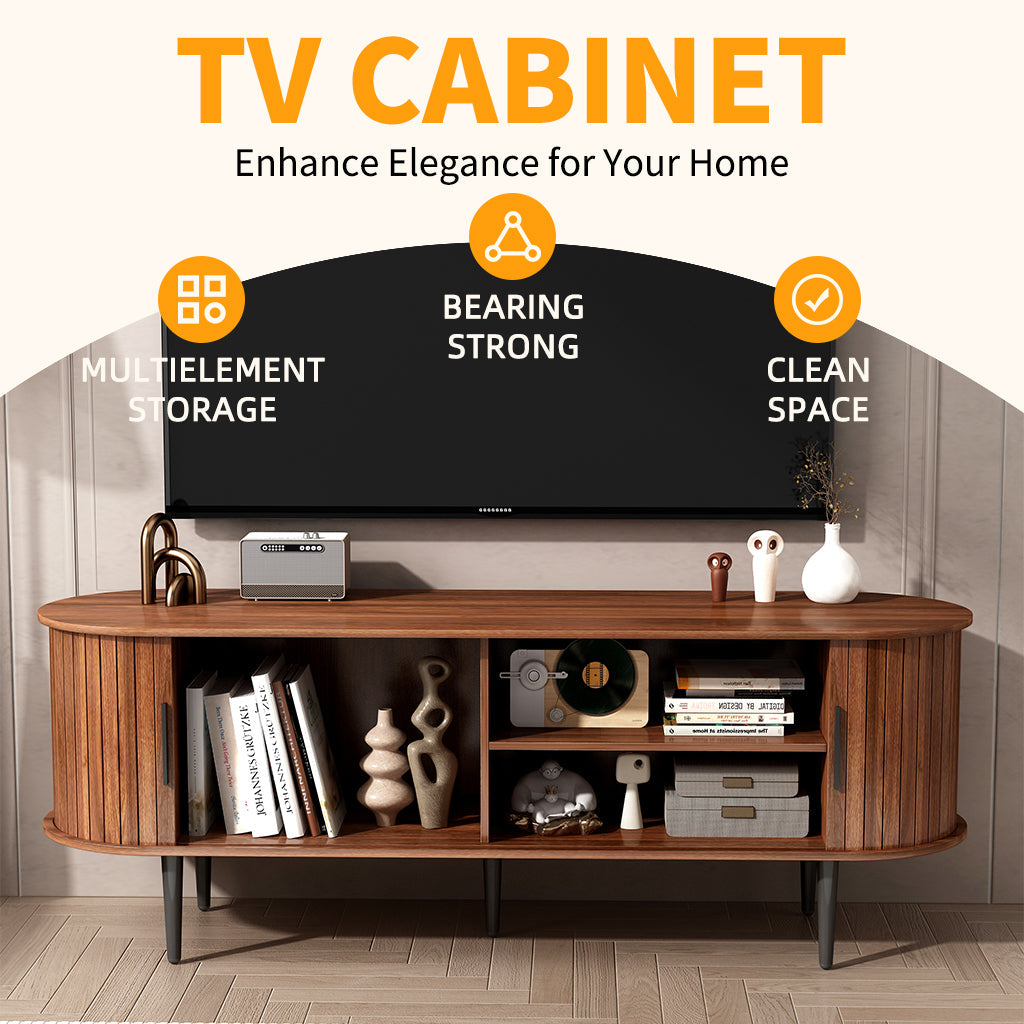 TV Stand, 55' Modern TV Console Table with Storage Compartment and Sliding Door, Gaming Entertainment Center with Cabinet for Living Room, Bedroom, Office (Walnut) BACK-TO-SCHOOL