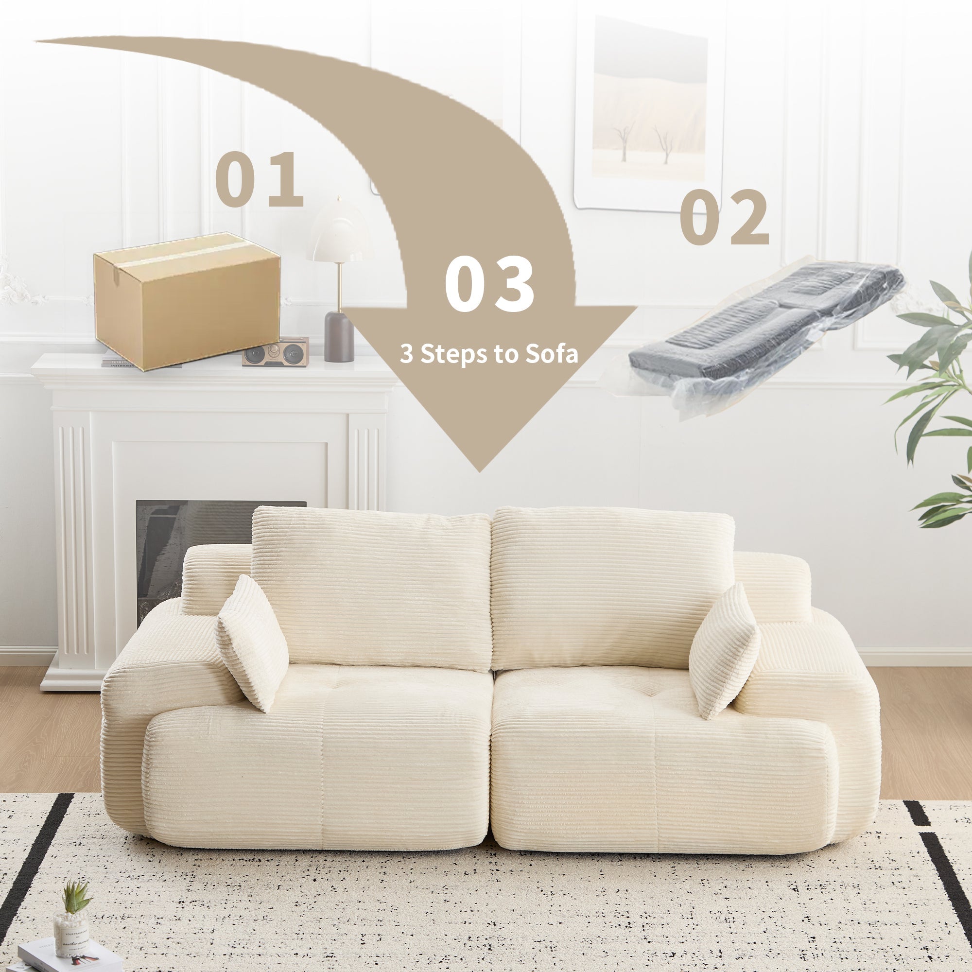Modern Memory Foam Compressed Sofa,2 Seater Large Sectional Couches for Living Room,Pet-Friendly Cloud Modular Sectional Sofa,Corduroy Fabric,Extra Deep Loveseat,No Assembly required, Beige