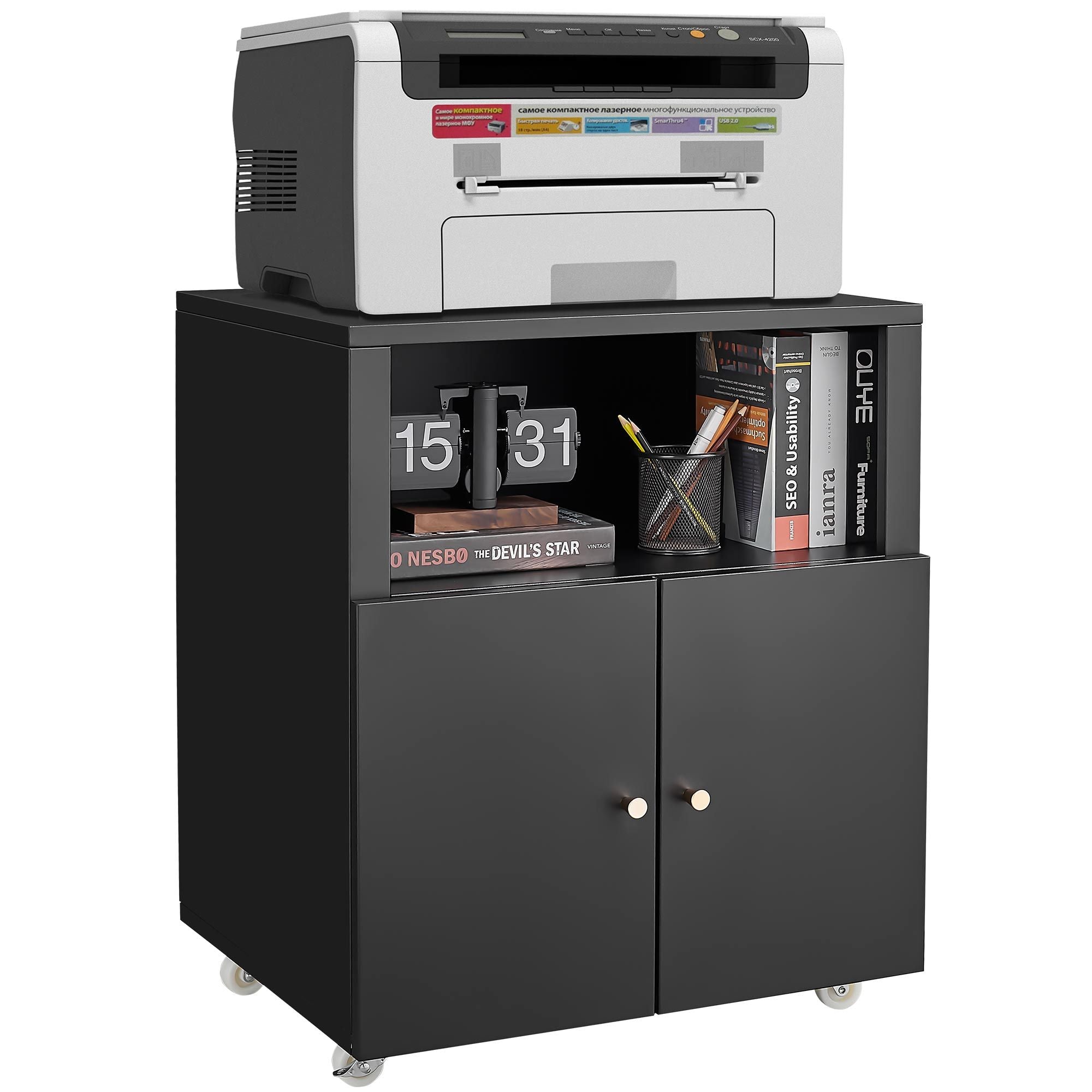 Home Office Printer Stand with Wheels, Printer Tables with File door  Mobile Lateral Filing Cabinet with Open Storage Shelf for Letter/Legal/A4 Size Files,