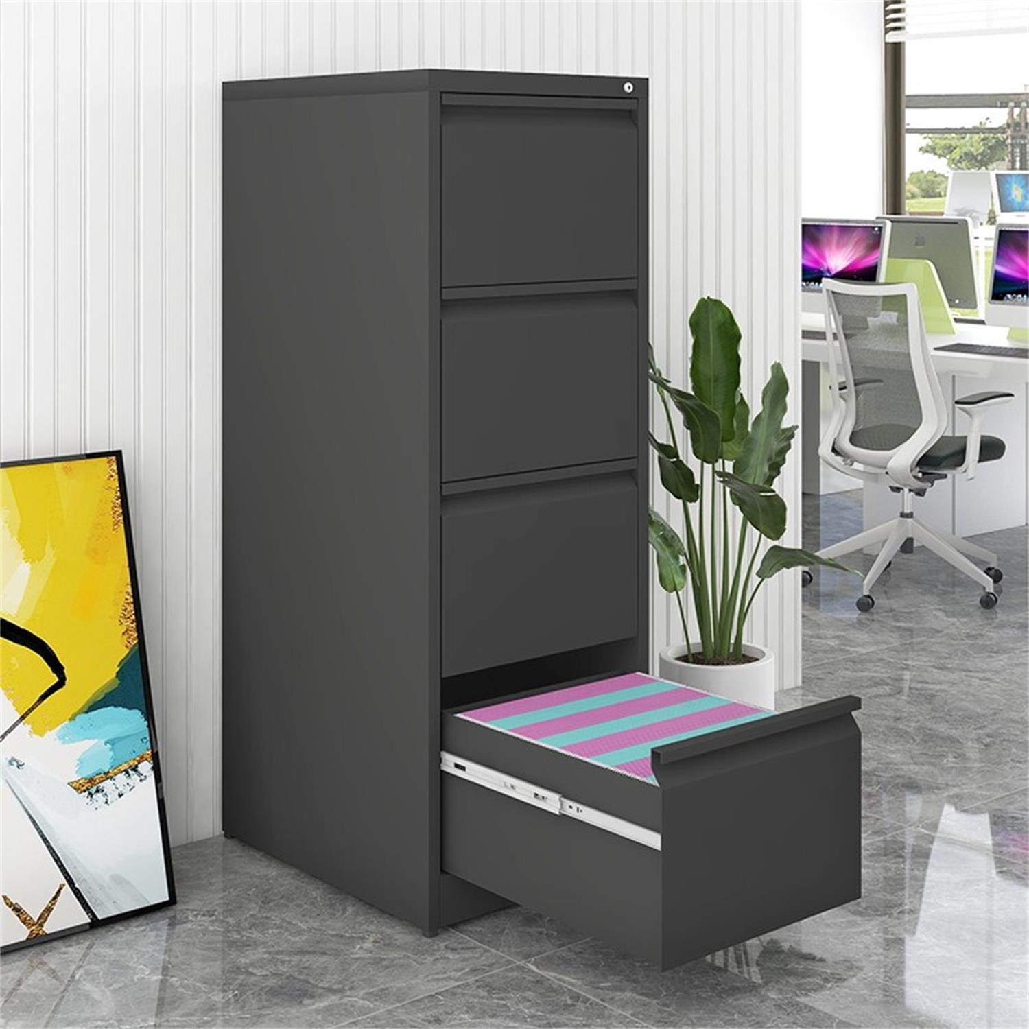 4 Drawer Vertical File Cabinet with Lock for Home Office Organizer, Black Metal Filing Cabinet, Letter/A4/Legal Size