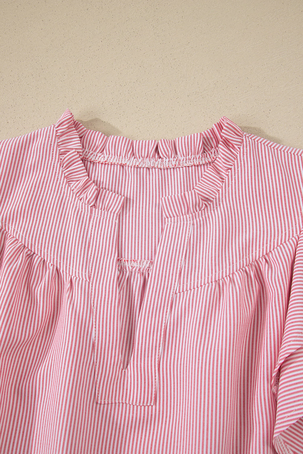 Stripe Frilled Split Neck Ruffle Sleeve Blouse