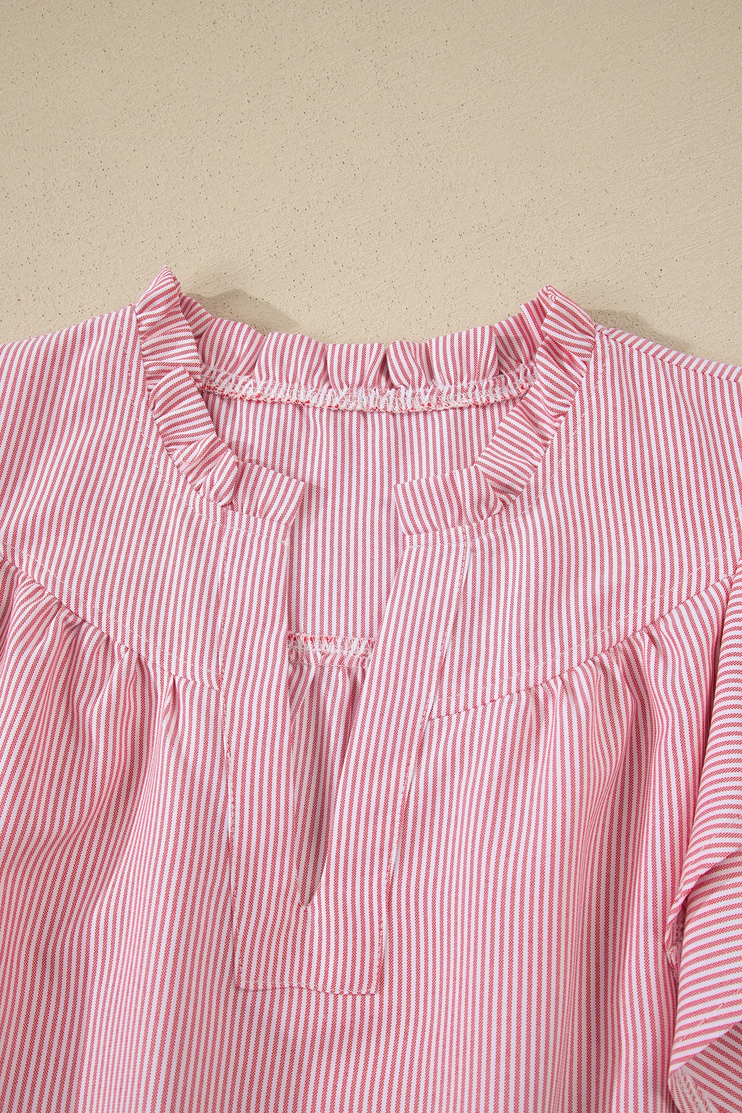 Stripe Frilled Split Neck Ruffle Sleeve Blouse