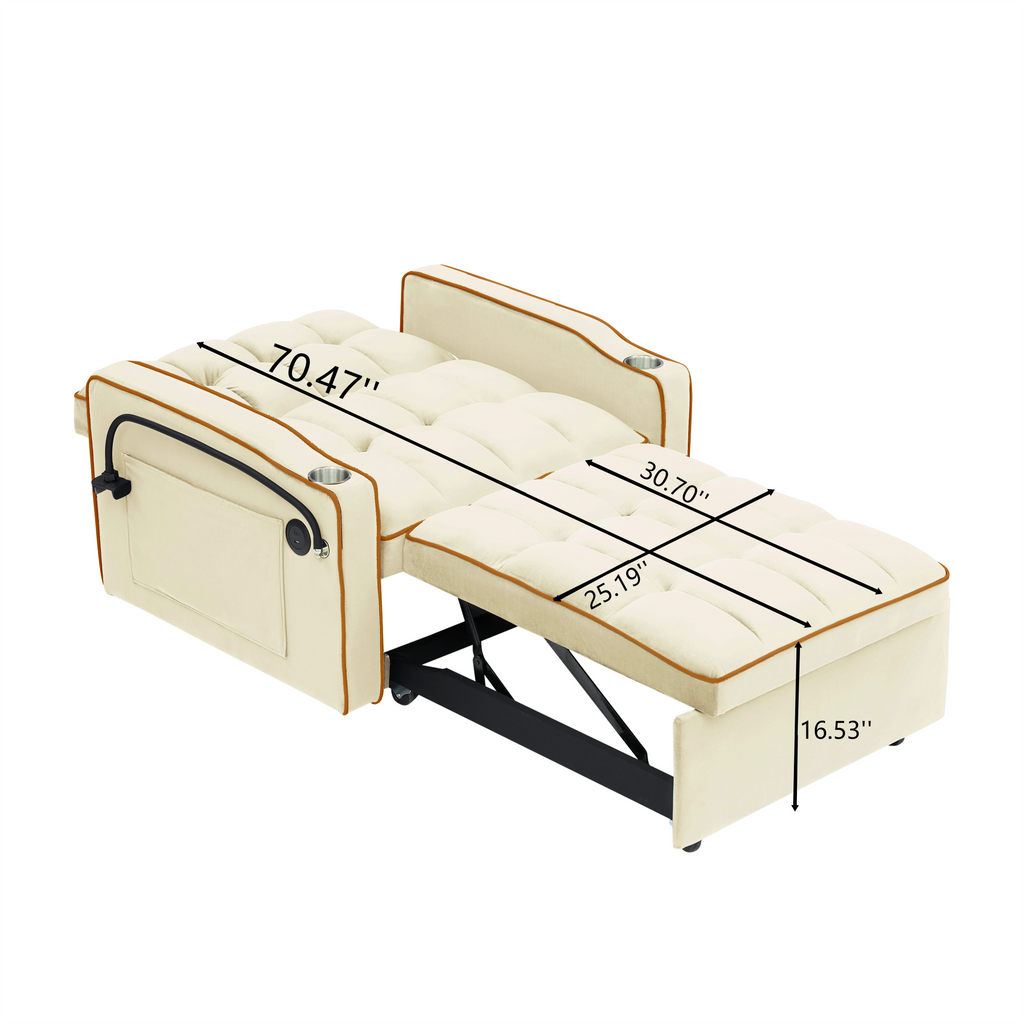 1 versatile foldable sofa bed in 3 lengths, modern sofa sofa sofa velvet pull-out bed, adjustable back and with USB port and ashtray and swivel phone stand creamy white