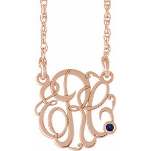 14K Rose Gold-Plated Sterling Silver 15 mm 3-Initials Imitation Blue Sapphire Script Monogram 18" Necklace