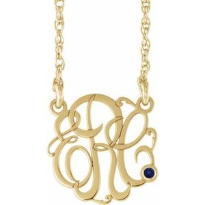 10K Yellow Gold 15 mm 3-Initials Imitation Blue Sapphire Script Monogram 18" Necklace