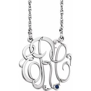 10K White Gold 15 mm 3-Initials Imitation Blue Sapphire Script Monogram 18" Necklace