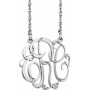 14K White Gold 15 mm 3-Initials Imitation Diamond Script Monogram 18" Necklace