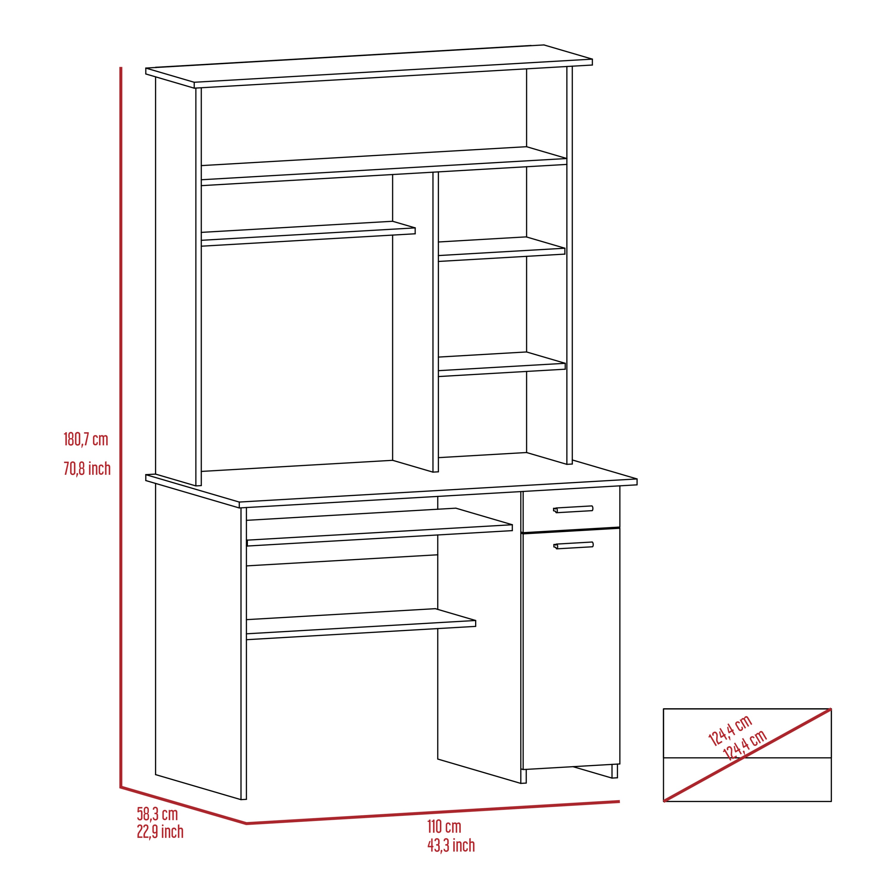 Compu 180 Hutch Desk, Multiple Shelves, Keyboard Tray, CPU anel, One Drawer -Black