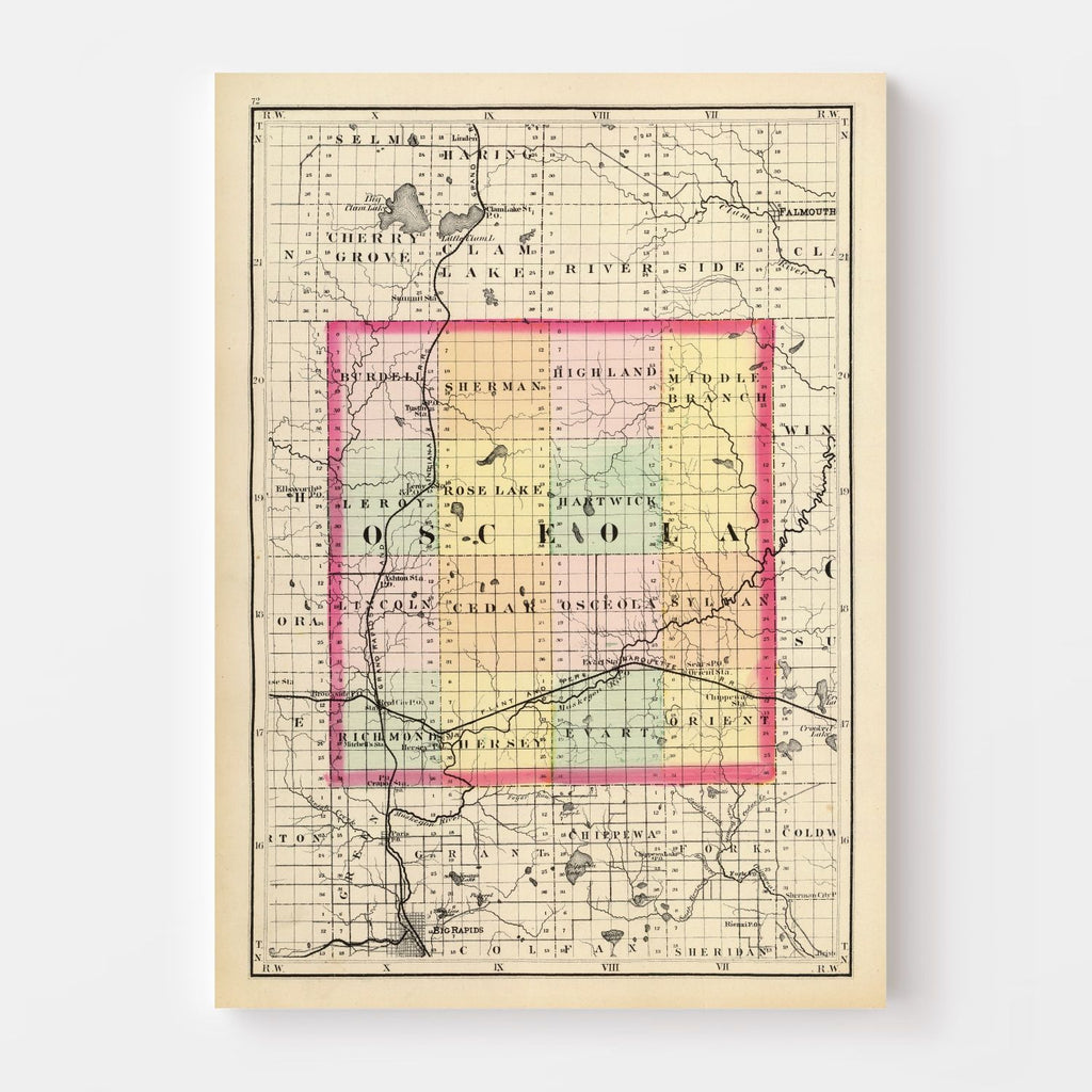 Vintage Map of Osceola County, Michigan 1873