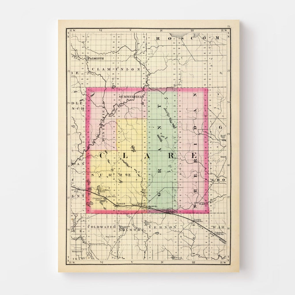 Vintage Map of Clare County, Michigan 1873