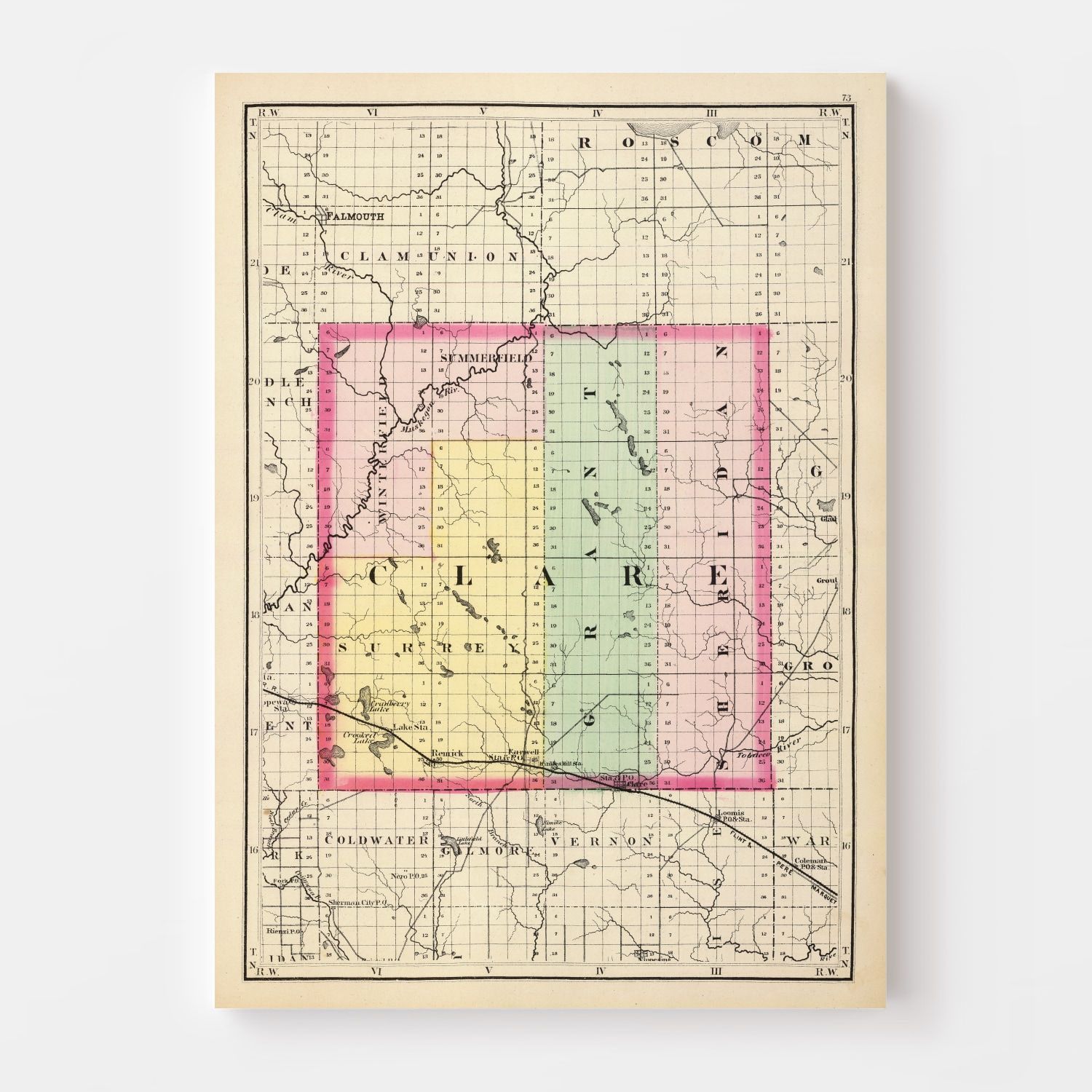 Vintage Map of Clare County, Michigan 1873
