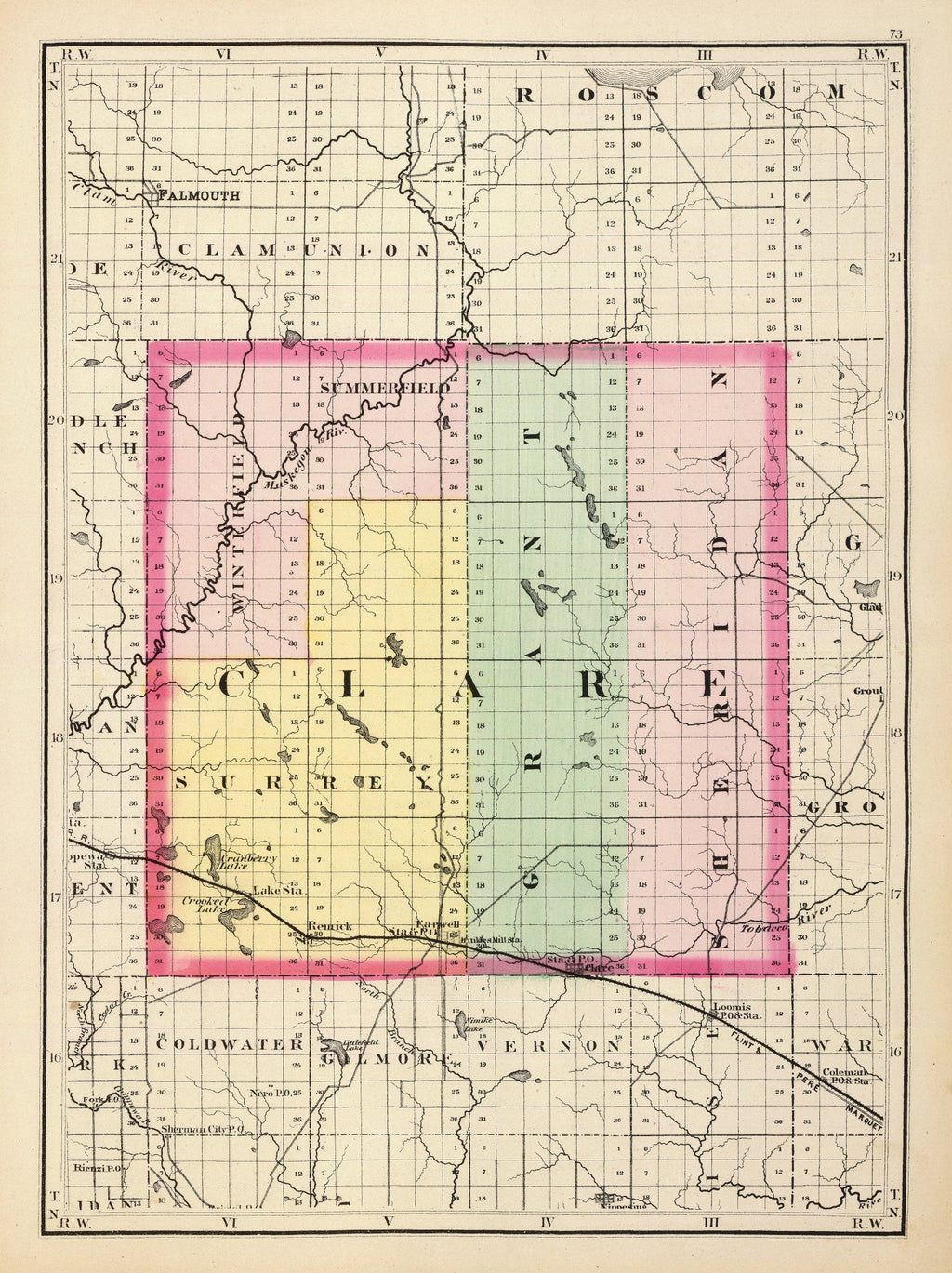 Vintage Map of Clare County, Michigan 1873