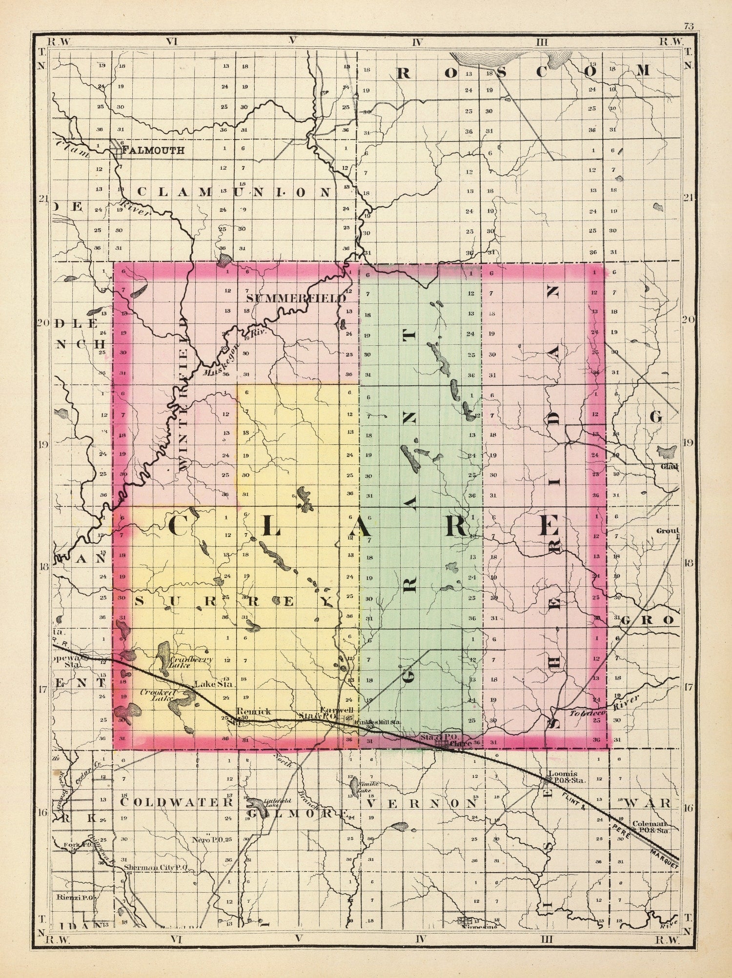 Vintage Map of Clare County, Michigan 1873